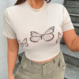 Butterfly Print Crop Top - Cream
